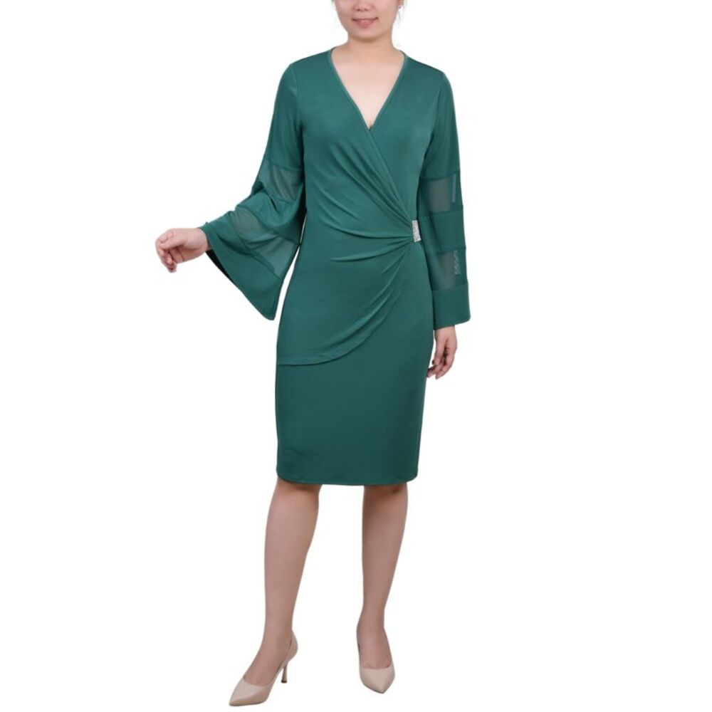 NY Collection Petite Sheer-Sleeve Wrap Dress